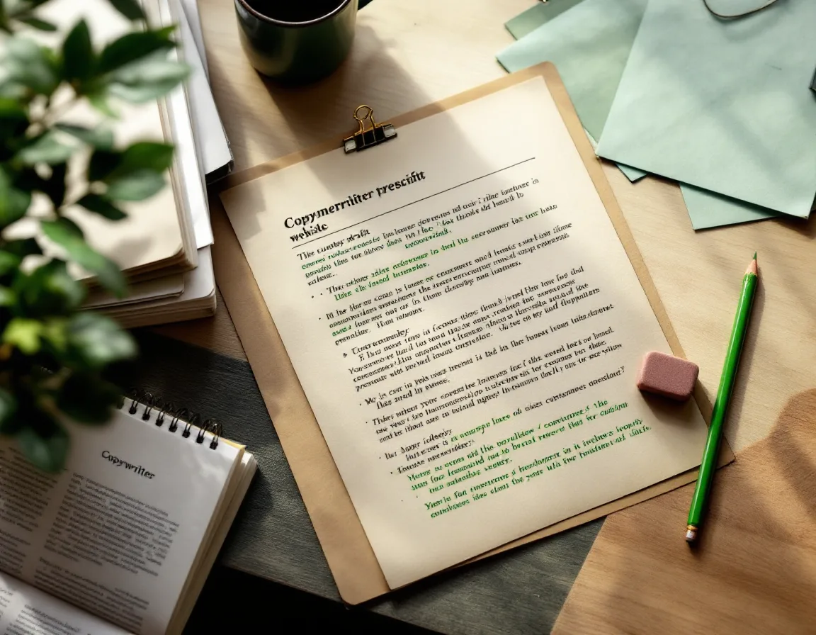 A printed website draft marked up in green pencil on a writer’s desk